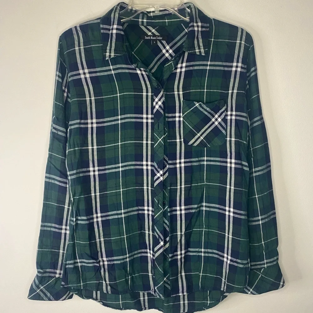 South Moon Under Green Blue Plaid Long Sleeve Button Down Western Shirt Small